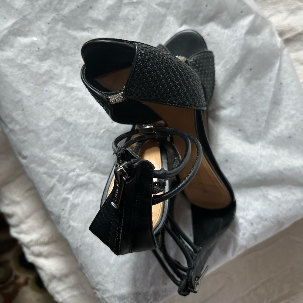 Badgley Mischka Kandyce Woven Black Leather Ankle Strap Heels - Size 5 - Picture 6 of 7